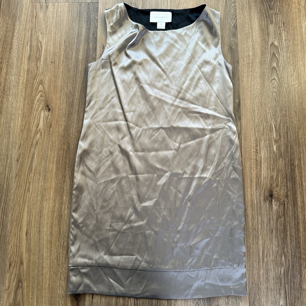 Brochu Walker Silk Sleeveless Shift Dress Satin Taupe Small Knee Length Shiny